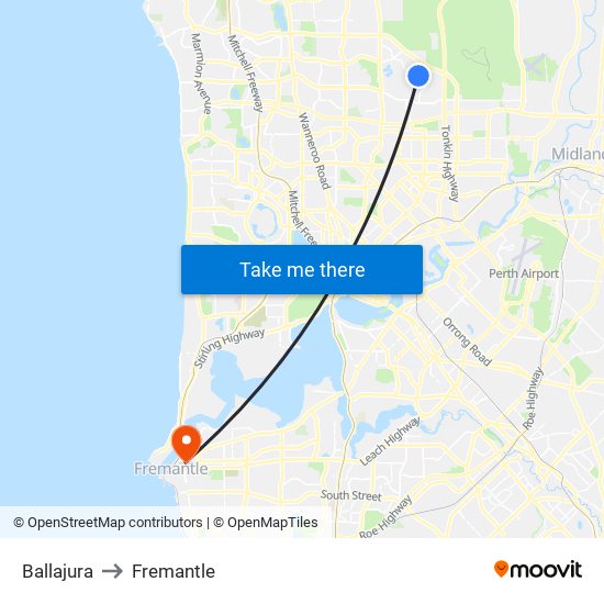 Ballajura to Fremantle map