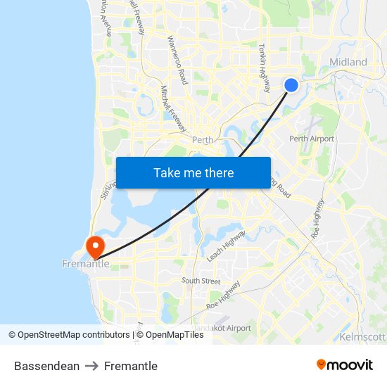 Bassendean to Fremantle map