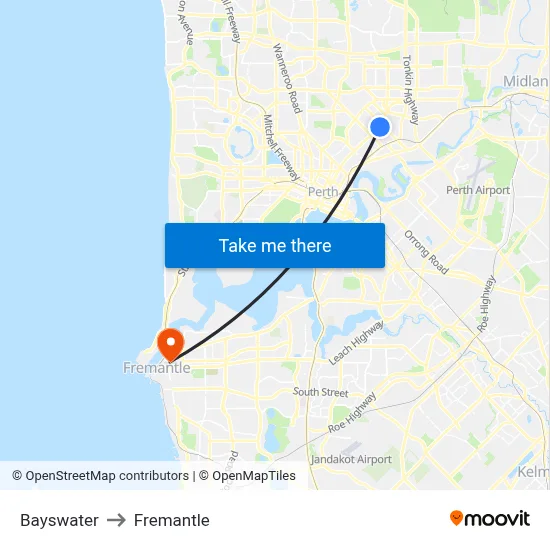 Bayswater to Fremantle map
