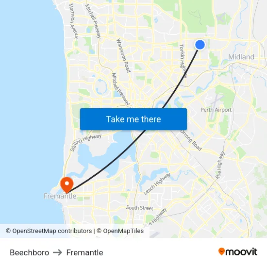 Beechboro to Fremantle map