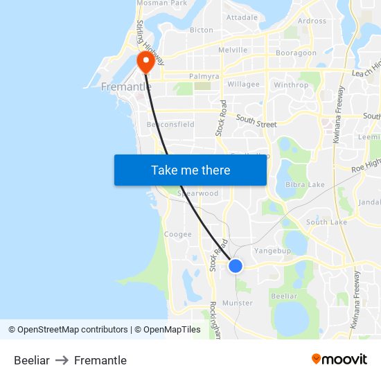 Beeliar to Fremantle map