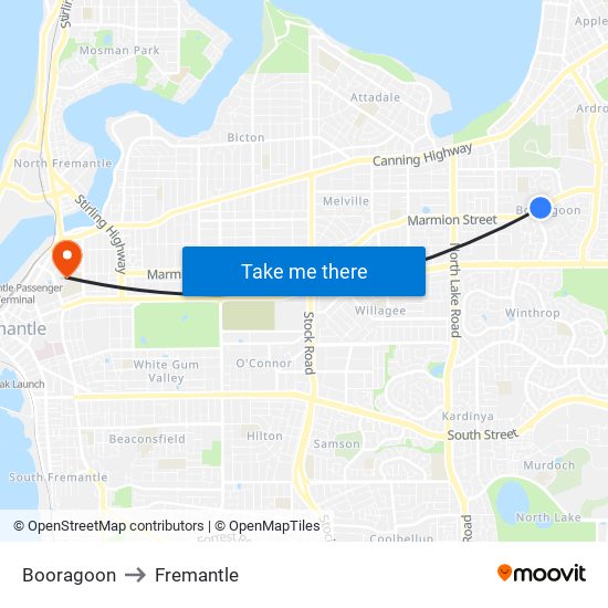 Booragoon to Fremantle map