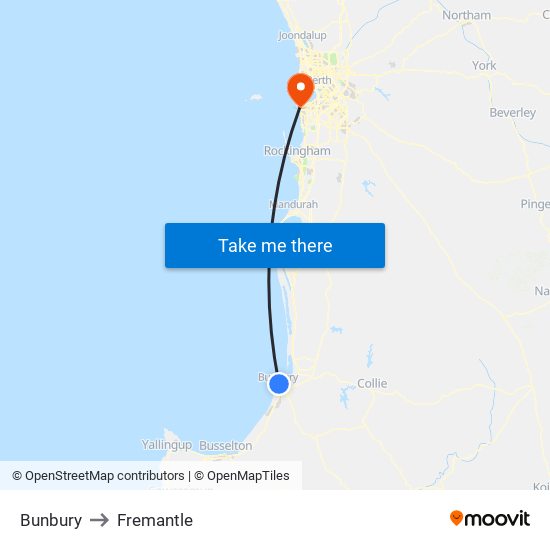 Bunbury to Fremantle map