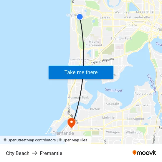 City Beach to Fremantle map