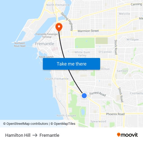 Hamilton Hill to Fremantle map