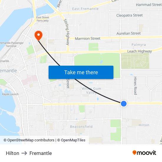 Hilton to Fremantle map