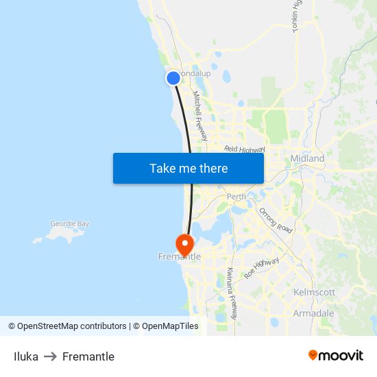 Iluka to Fremantle map