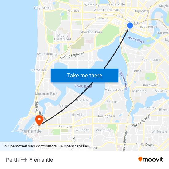 Perth to Fremantle map