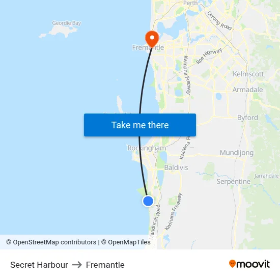Secret Harbour to Fremantle map