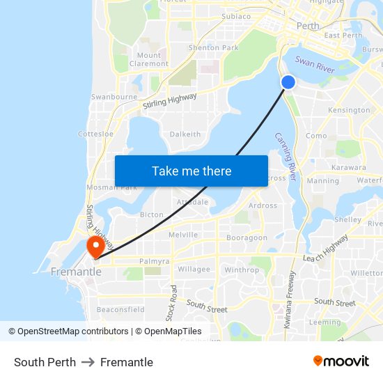 South Perth to Fremantle map