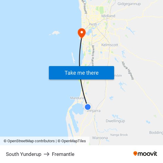 South Yunderup to Fremantle map