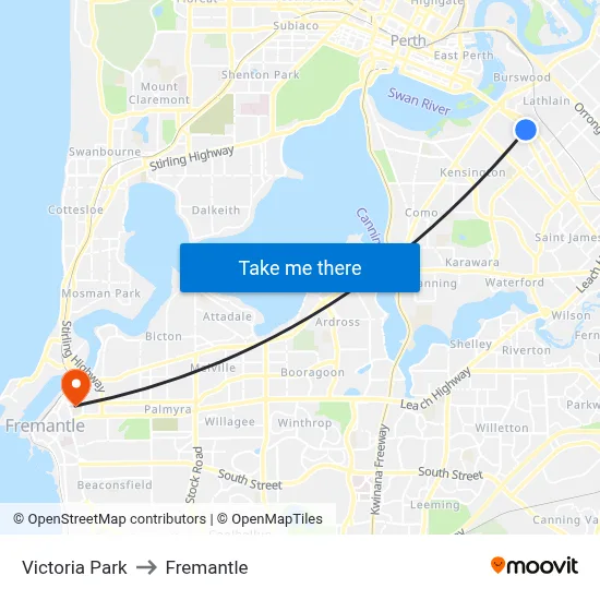 Victoria Park to Fremantle map