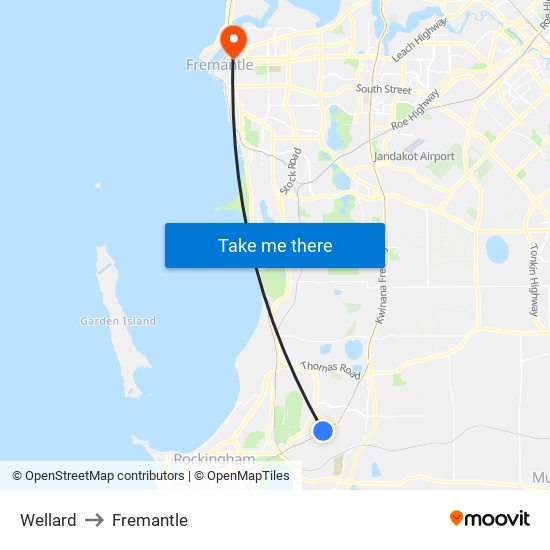 Wellard to Fremantle map