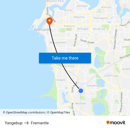 Yangebup to Fremantle map