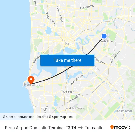 Perth Airport Domestic Terminal T3 T4 to Fremantle map