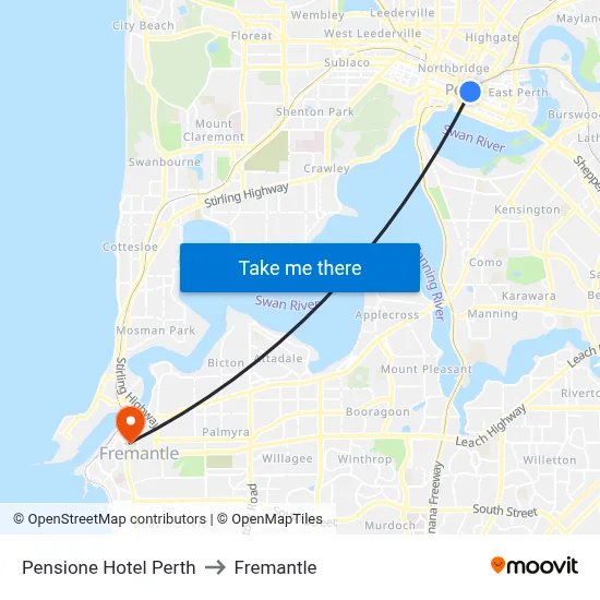 Pensione Hotel Perth to Fremantle map