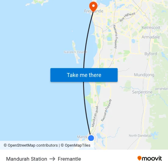 Mandurah Station to Fremantle map