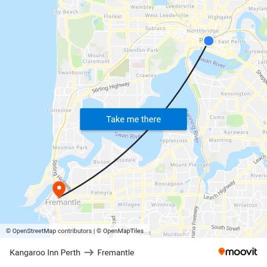 Kangaroo Inn Perth to Fremantle map