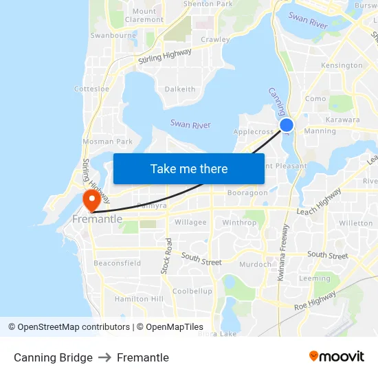 Canning Bridge to Fremantle map