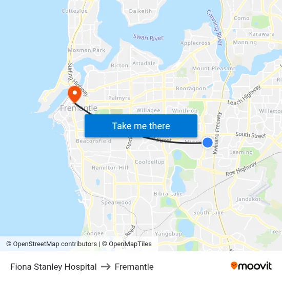 Fiona Stanley Hospital to Fremantle map