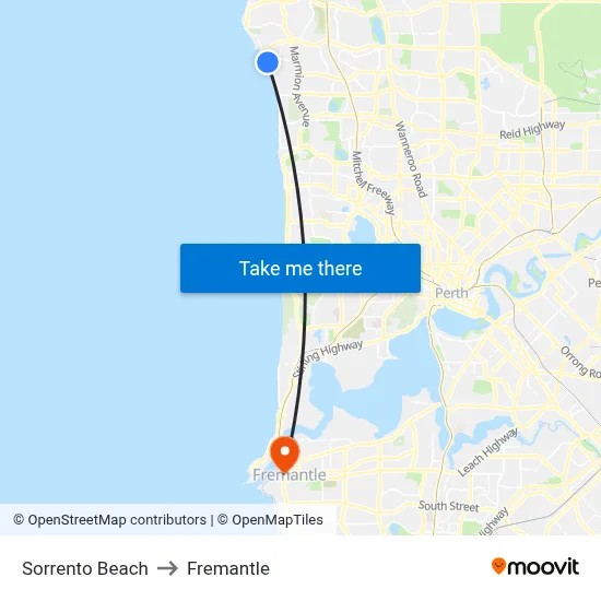 Sorrento Beach to Fremantle map