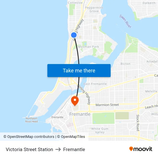 Victoria Street Station to Fremantle map