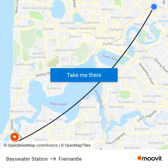 Bayswater Station to Fremantle map