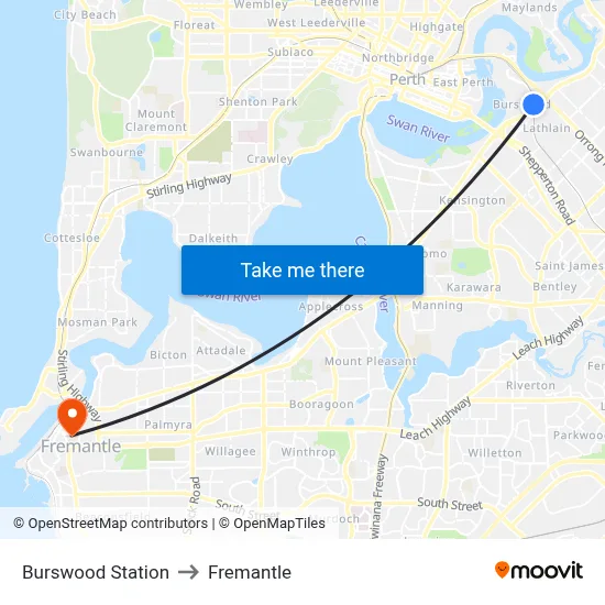 Burswood Station to Fremantle map