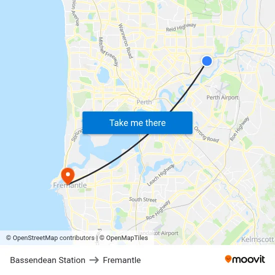 Bassendean Station to Fremantle map