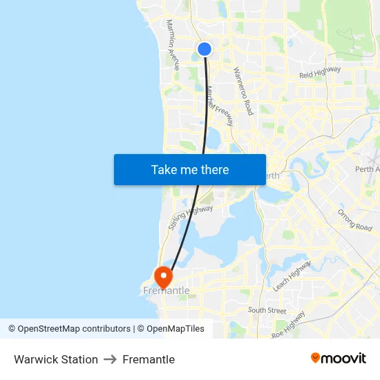 Warwick Station to Fremantle map