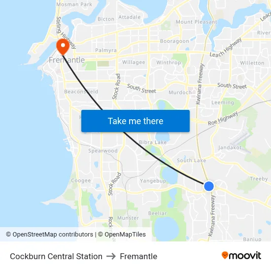 Cockburn Central Station to Fremantle map