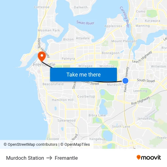 Murdoch Station to Fremantle map