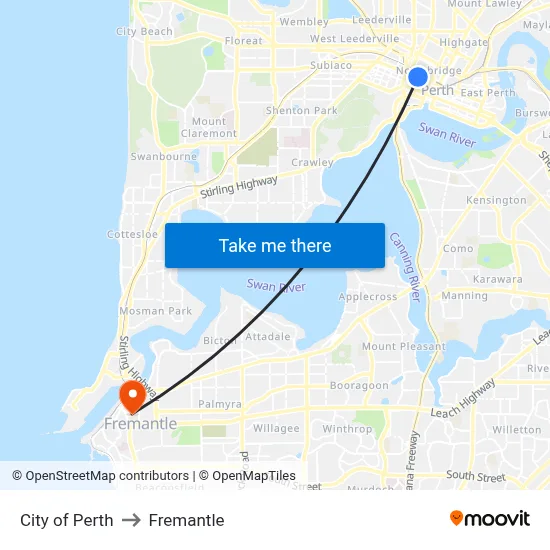City of Perth to Fremantle map