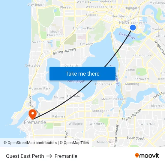 Quest East Perth to Fremantle map