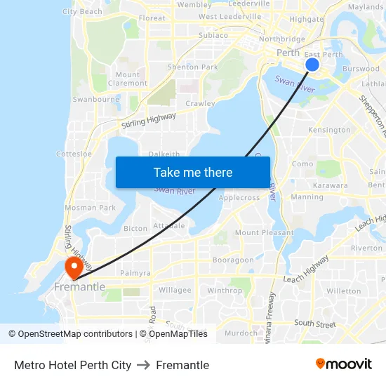 Metro Hotel Perth City to Fremantle map