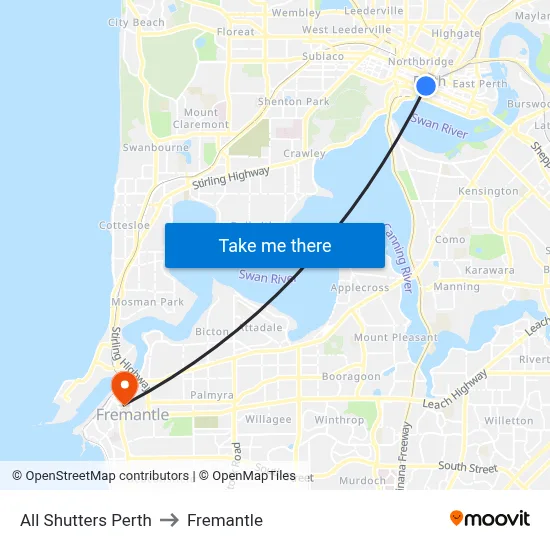 All Shutters Perth to Fremantle map