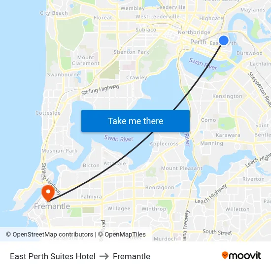 East Perth Suites Hotel to Fremantle map