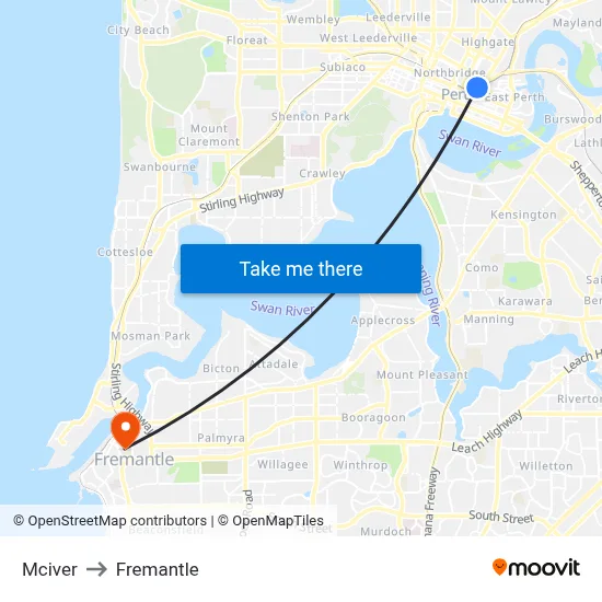 Mciver to Fremantle map
