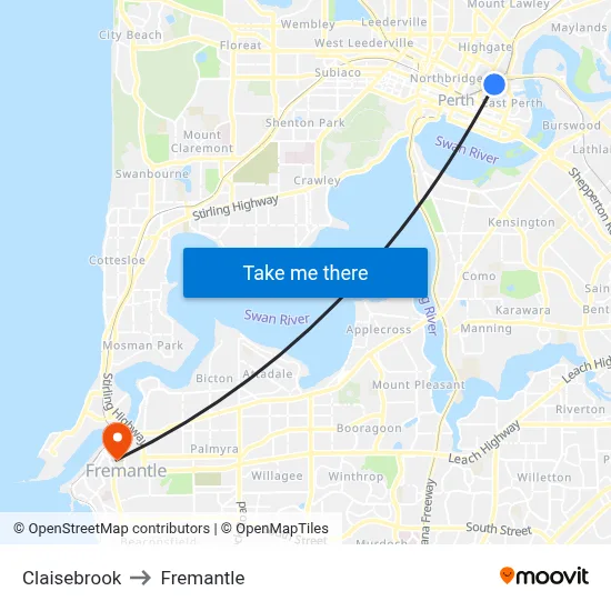 Claisebrook to Fremantle map