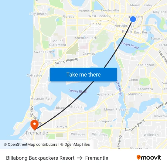Billabong Backpackers Resort to Fremantle map
