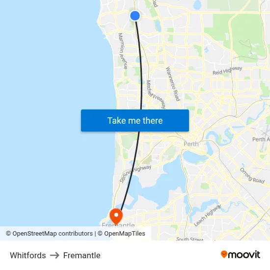 Whitfords to Fremantle map