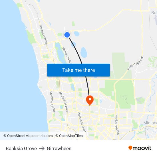 Banksia Grove to Girrawheen map