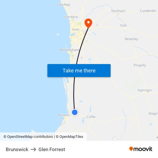 Brunswick to Glen Forrest map