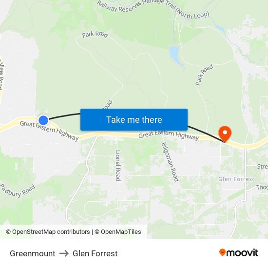 Greenmount to Glen Forrest map