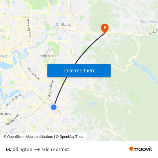 Maddington to Glen Forrest map