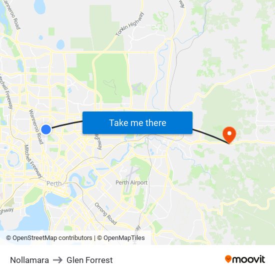 Nollamara to Glen Forrest map