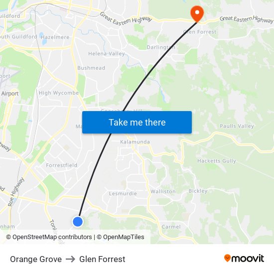 Orange Grove to Glen Forrest map