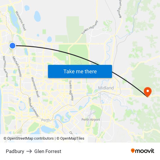 Padbury to Glen Forrest map