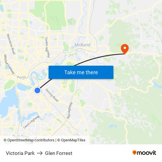 Victoria Park to Glen Forrest map