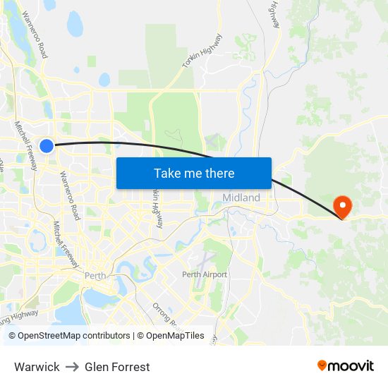 Warwick to Glen Forrest map